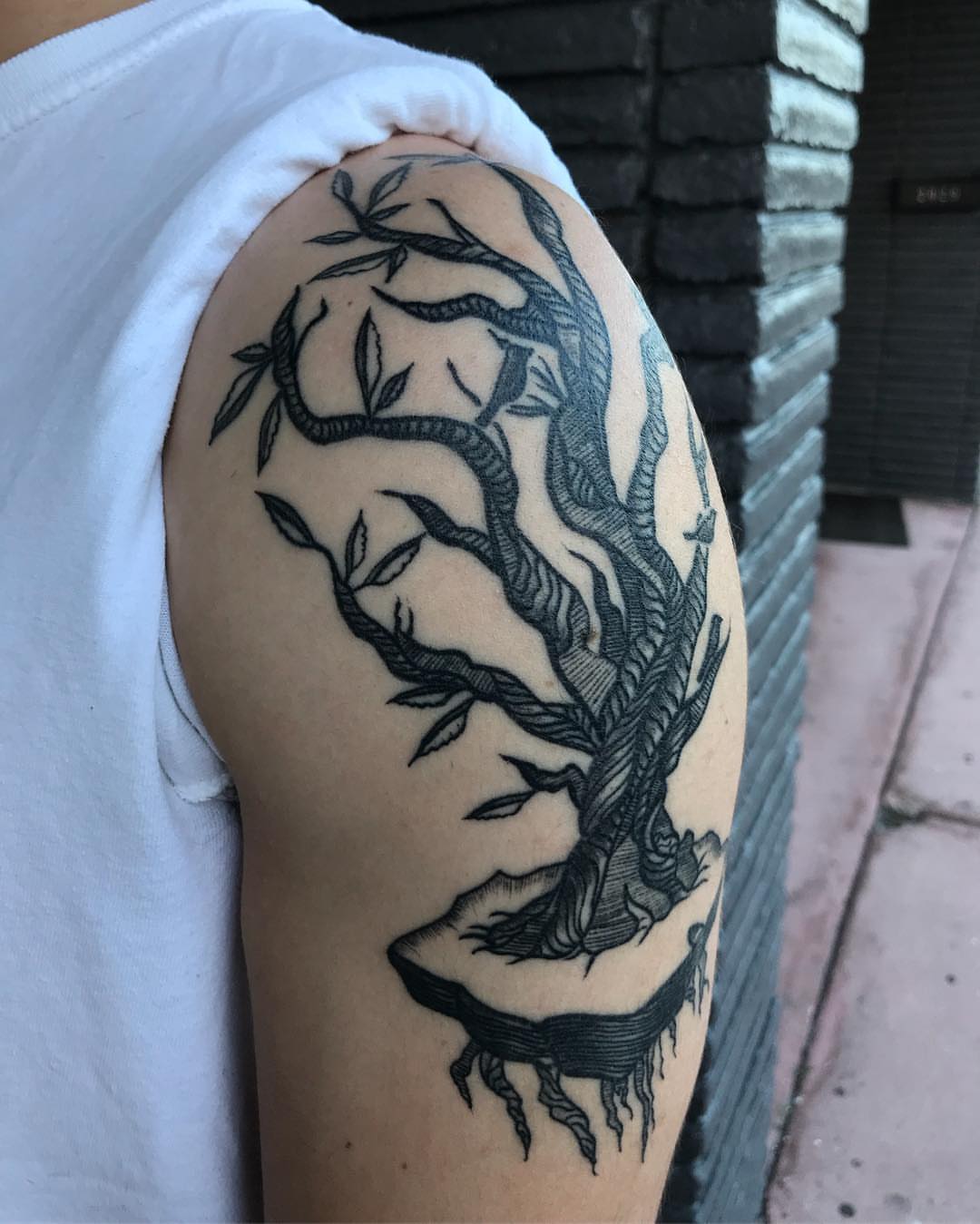 Tree black and grey tattoo on the upper arm by ✧ Maria ✧