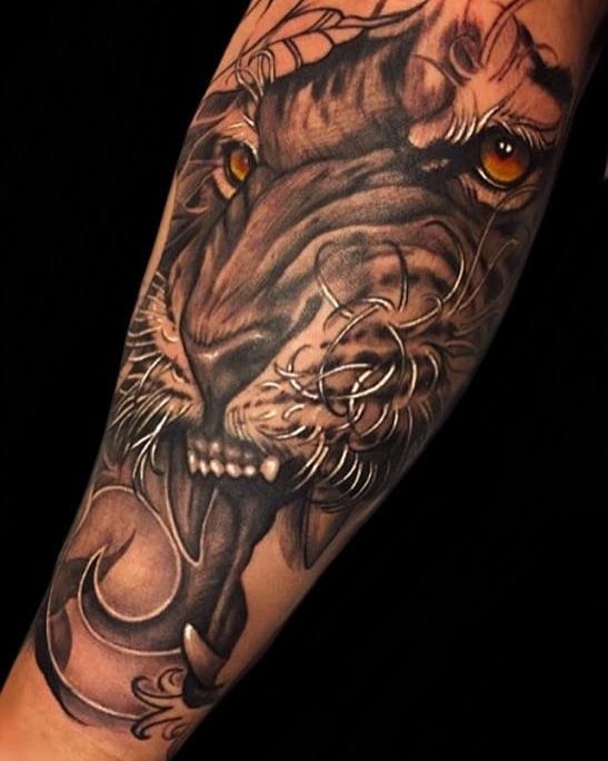 Lion realism tattoo on the forearm by @doctorze