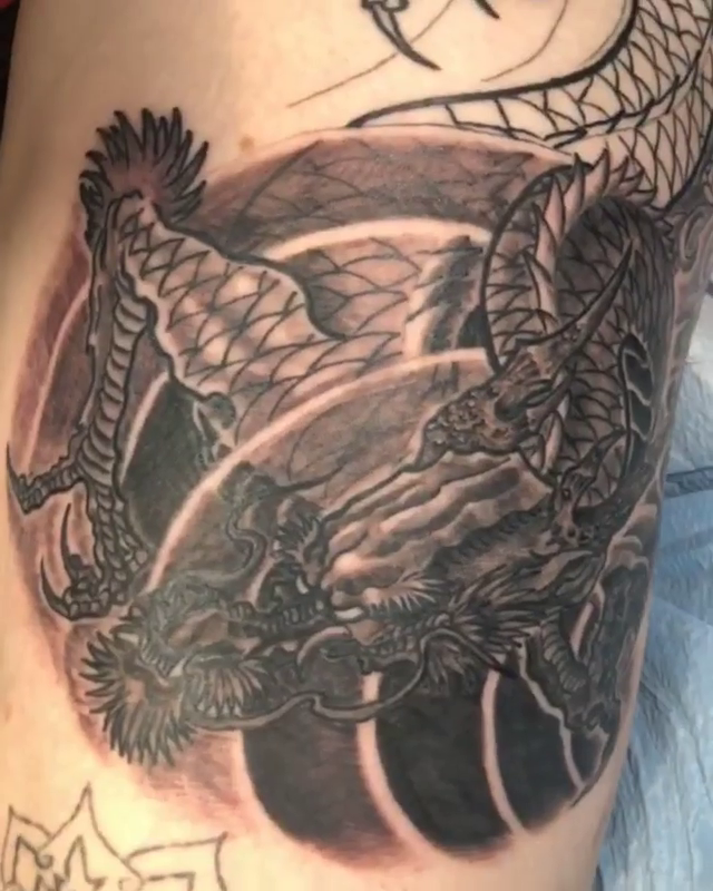 Dragon with waves japanese irezumi tattoo by Jason L.