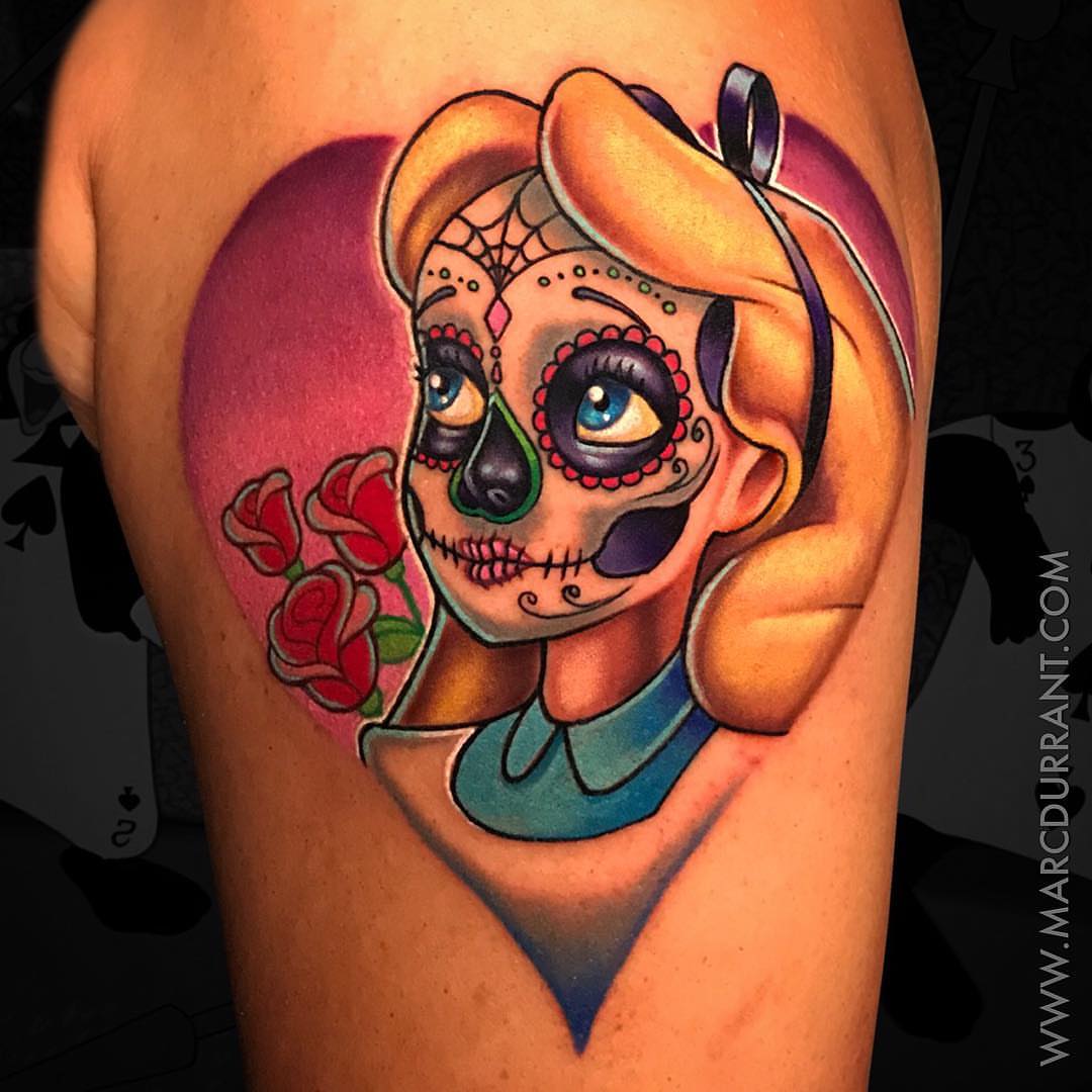 Sugar skull girl Chicano tattoo on the thigh by ᴍᴀʀᴄ ᴅᴜʀʀᴀɴᴛ, Los Angeles, California