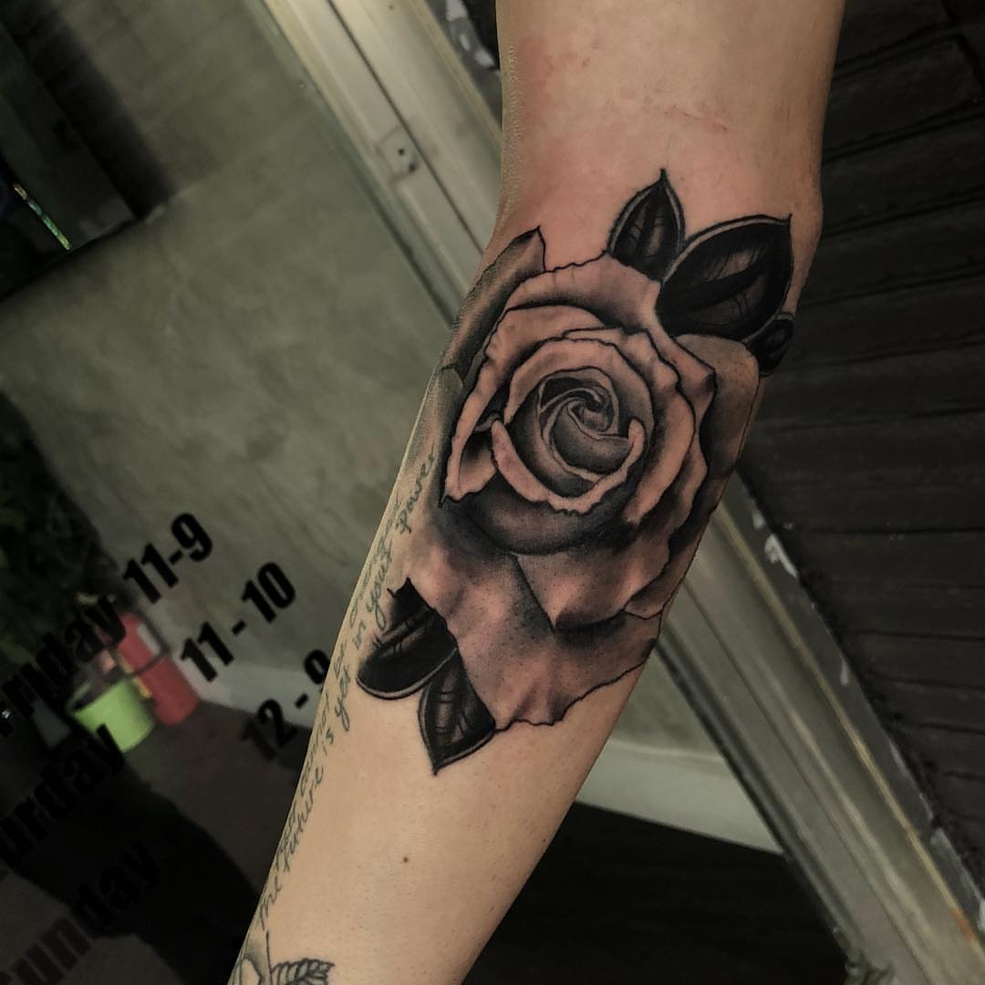 Rose black and grey tattoo on the forearm by ✧ Maria ✧