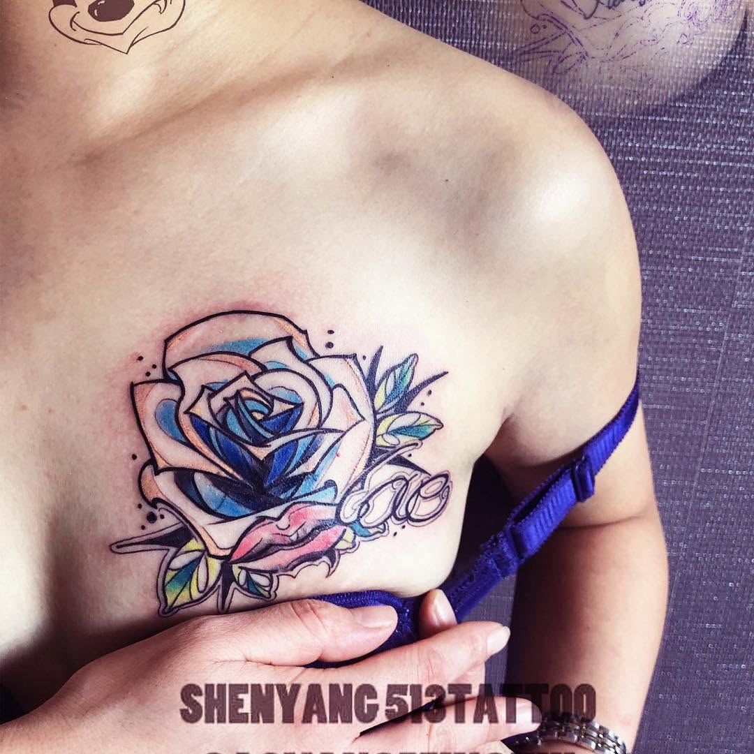 Rose with script tattoo on the chest by 中国🇨🇳沈阳513TATTOO
