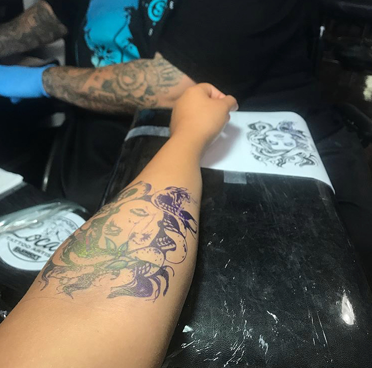Woman with snake American traditional tattoo on the forearm by Felix 🔸 Chesto (Tattooers)