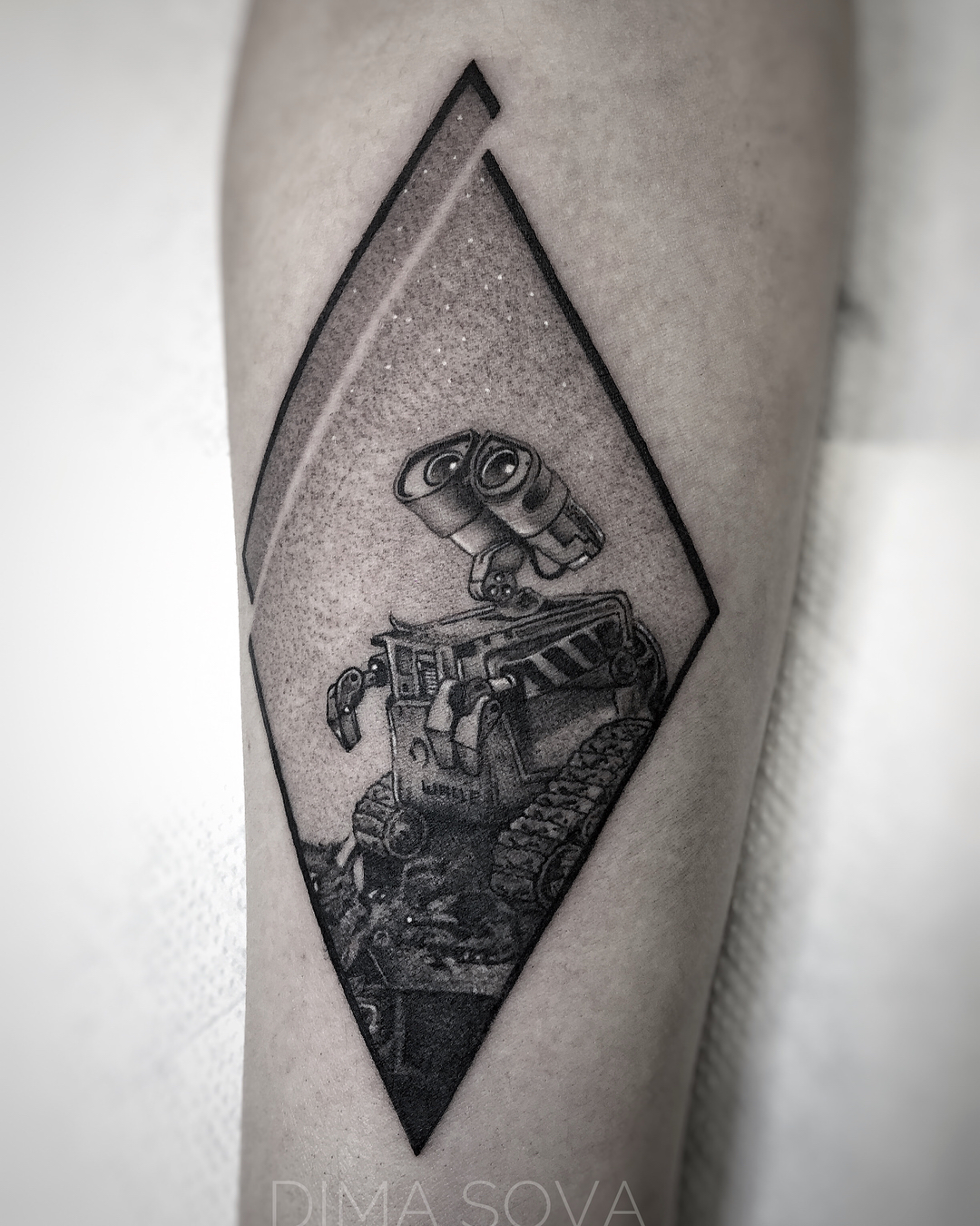 Wall-e dotwork tattoo on the forearm by โ๏ธ Dima Sova โ๏ธ Tattoo ๐บ๐ธ Arlington VA