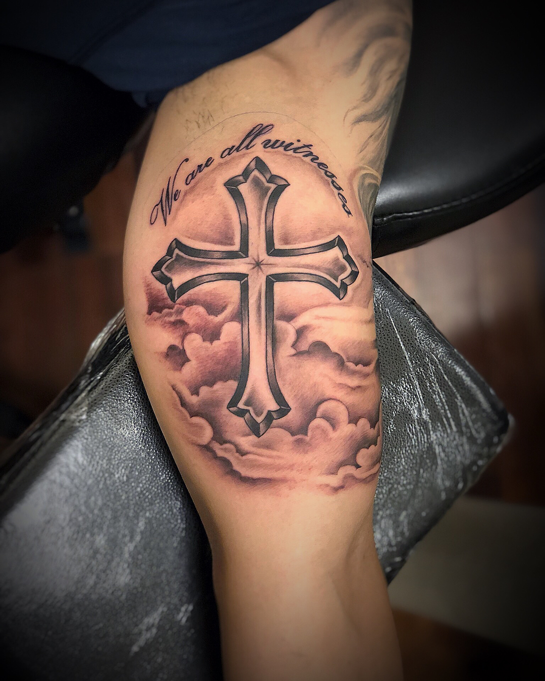 Cross black and grey tattoo on the forearm by DJ ๐จ๐พโ๐จ