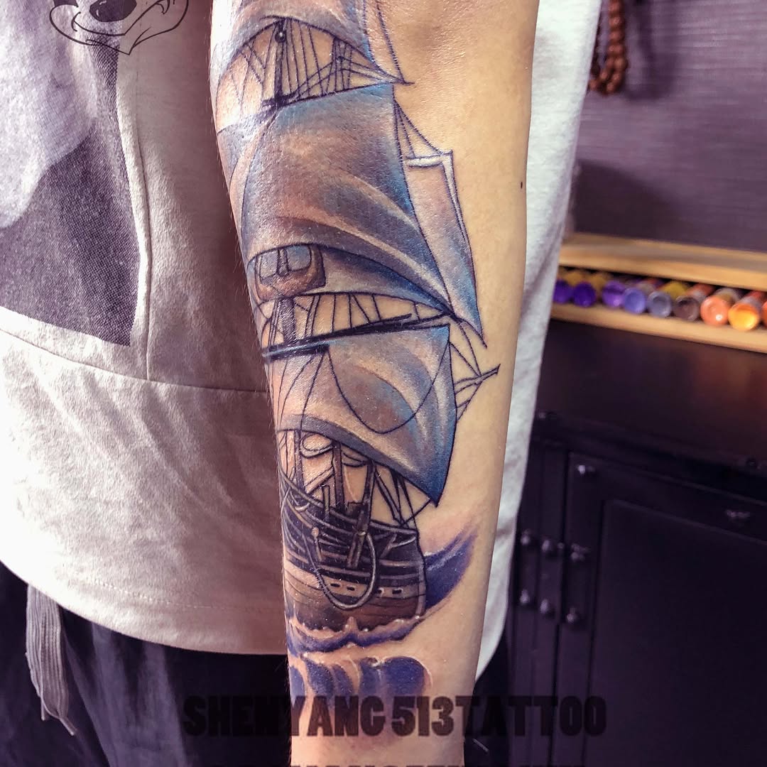 Tall ship on waves tattoo on the forearm by 中国🇨🇳沈阳513TATTOO