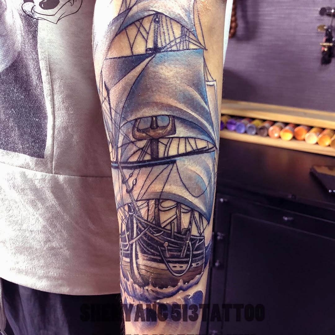 Tall ship on the ocean tattoo on the forearm by 中国🇨🇳沈阳513TATTOO