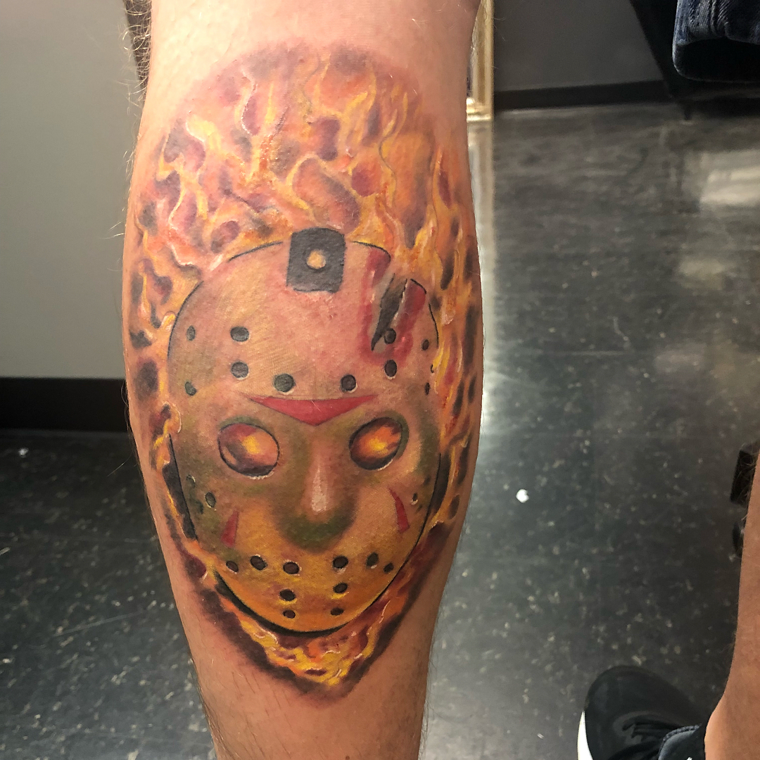 Jason voorhees mask trash polka tattoo on the forearm by Aaron Watson