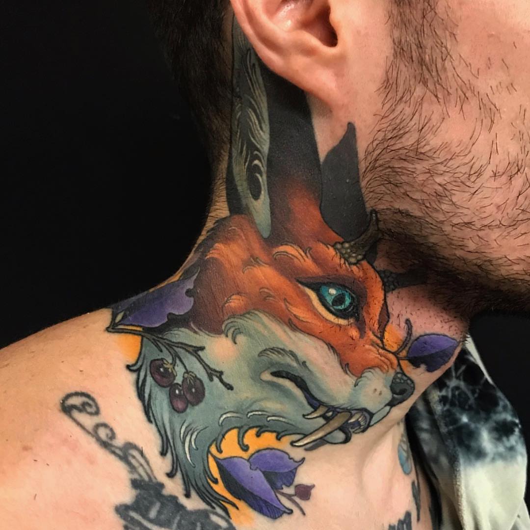 Fox realism tattoo on the neck by Erin Chance