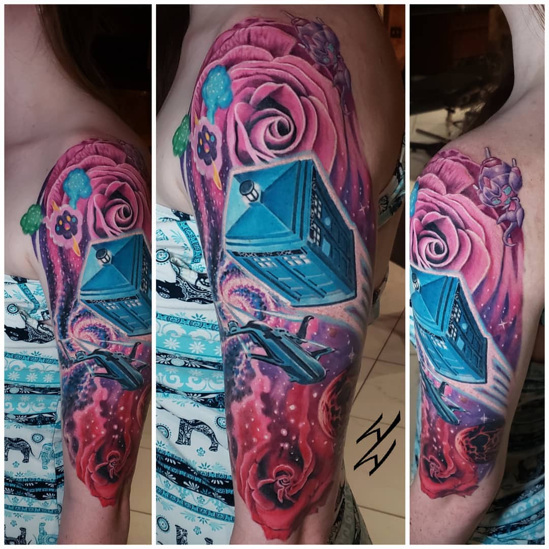 TARDIS and roses realism tattoo on the forearm by Walt Watts, Salt Lake City, Utah