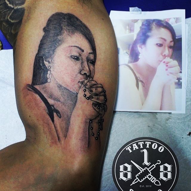 Woman praying realism tattoo on the forearm by Ferds Villanueva