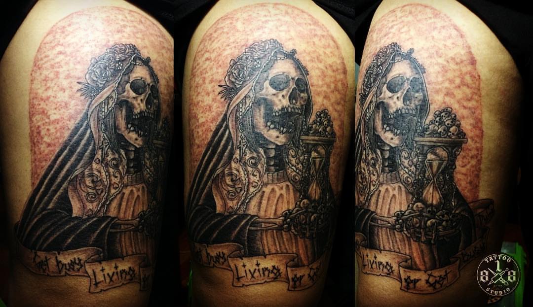 Skull bride realism tattoo on the upper arm by Ferds Villanueva