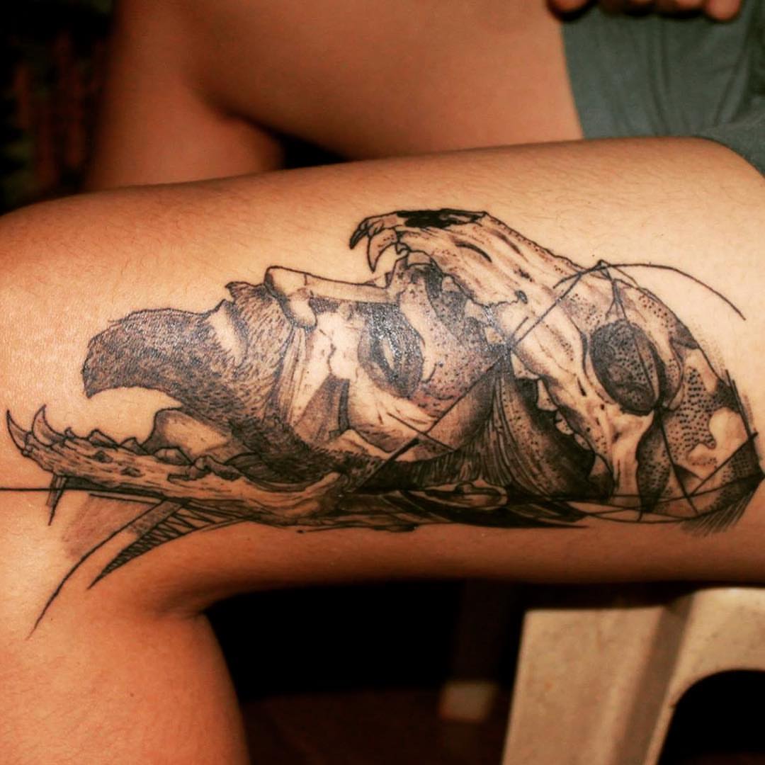 Insect dotwork tattoo on the thigh by Ferds Villanueva