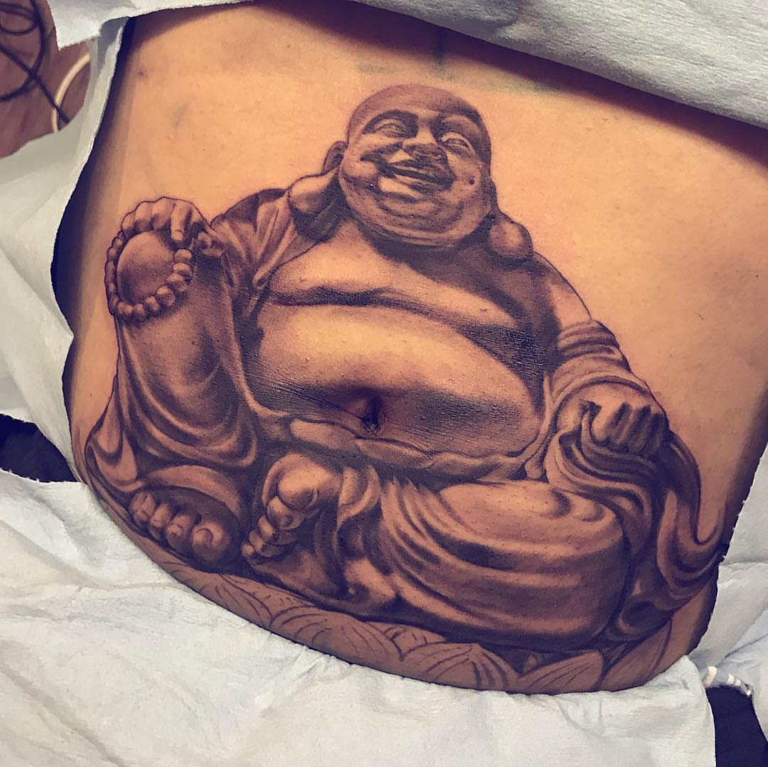 Fat Buddha black and grey tattoo on the torso by Rocky Nguyen DFW Dallas Japanese