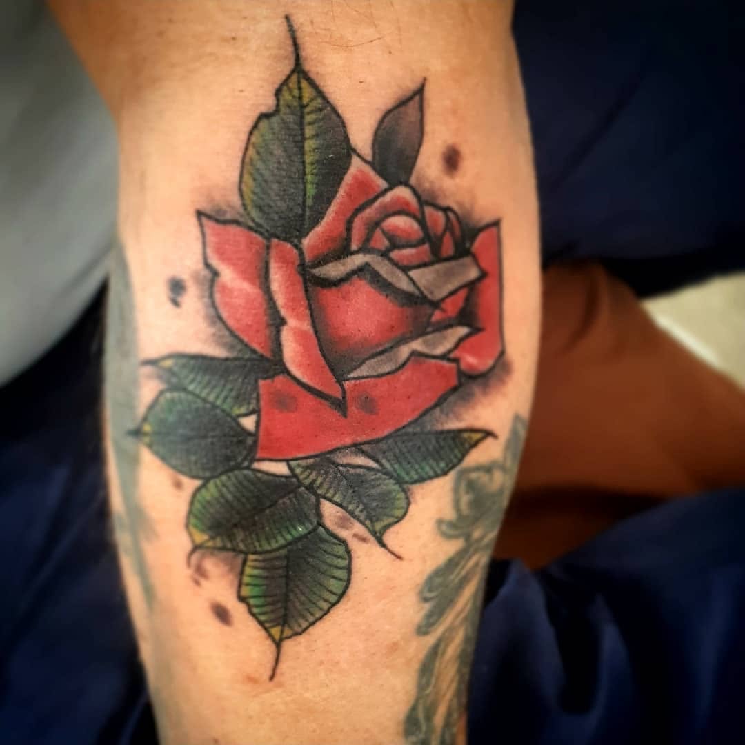 Rose neo-traditional tattoo on the forearm by 212tattoomalaga, Málaga, Spain