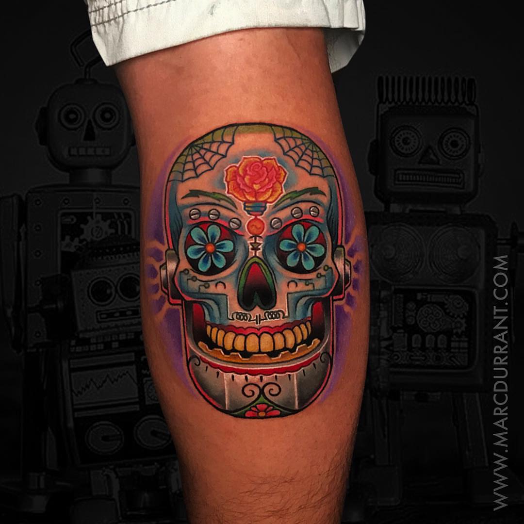 Sugar skull Chicano tattoo on the thigh by ᴍᴀʀᴄ ᴅᴜʀʀᴀɴᴛ, Los Angeles, California