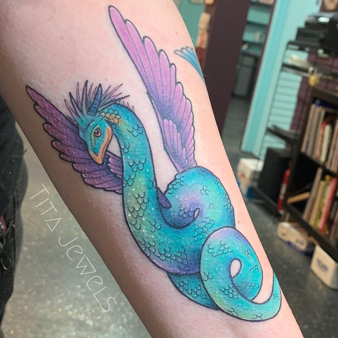 Mythical creature dotwork tattoo on the forearm by Tita Jewels- Tattoo Artist, Austin, Texas