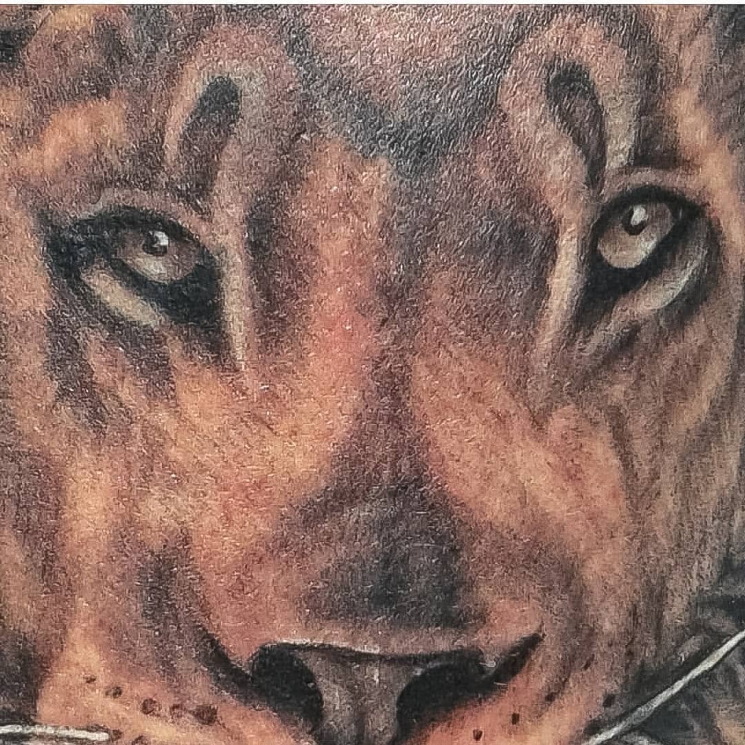 Lion face realism tattoo by 212tattoomalaga, Málaga, Spain