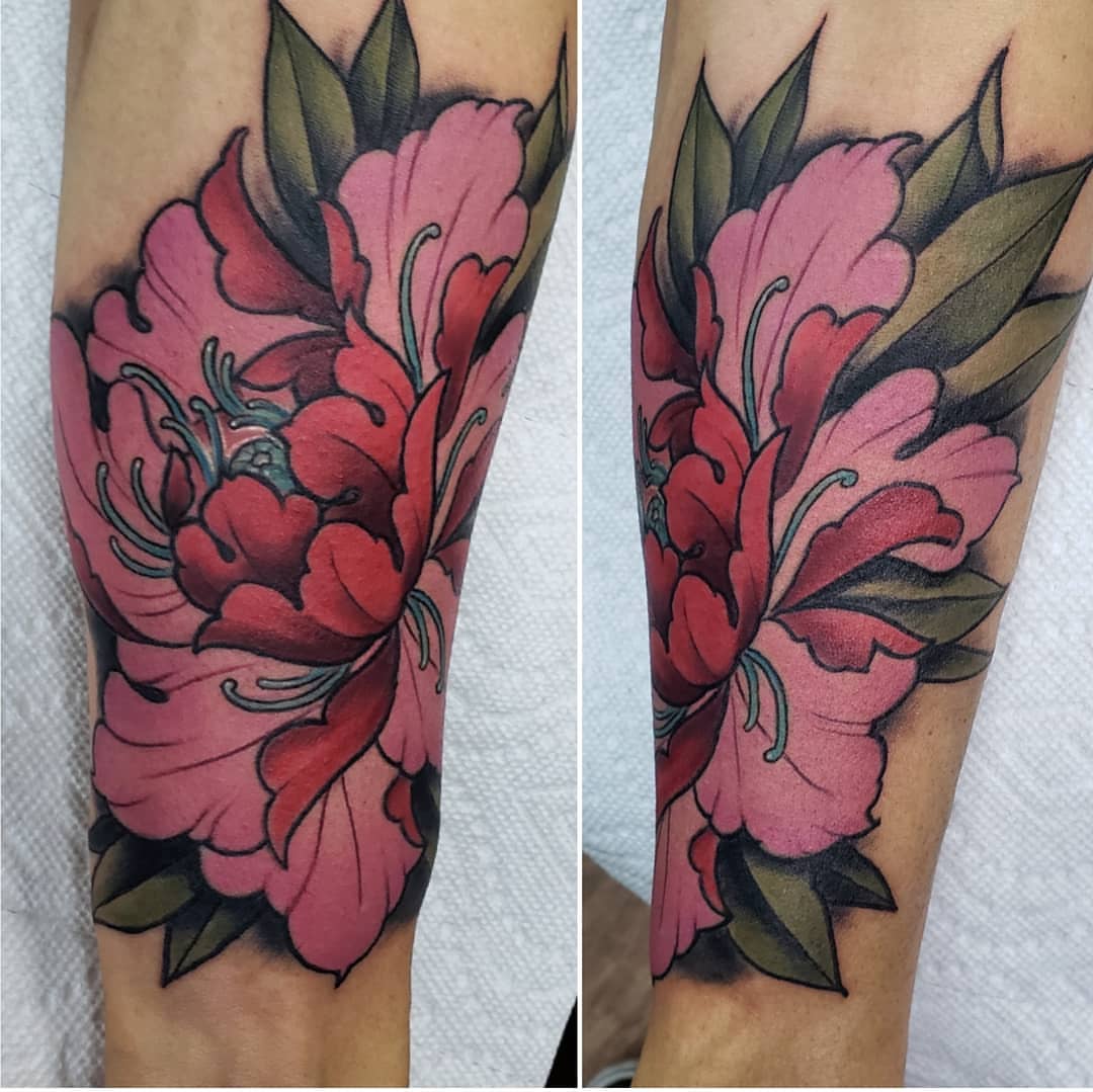 Peony flowers American traditional tattoo on the forearm by Greg West Sac tattoo artist, West Sacramento, California