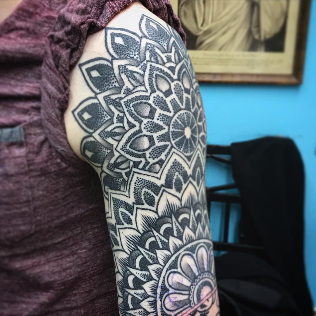 Mandala dotwork tattoo on the forearm by Steven Campbell, Kansas City, Missouri