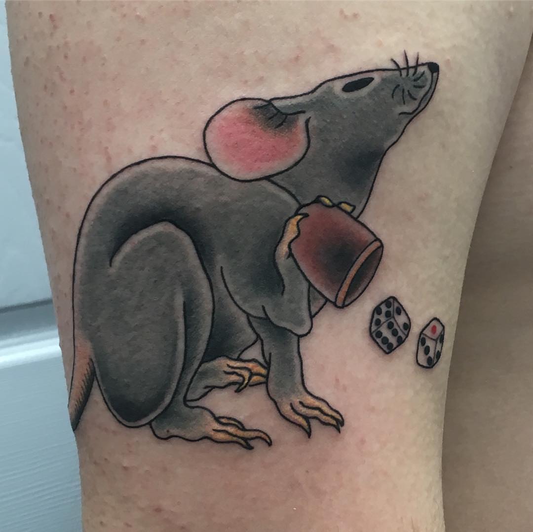 Mouse with dice American traditional tattoo on the forearm by Ei Horimiya Omiya