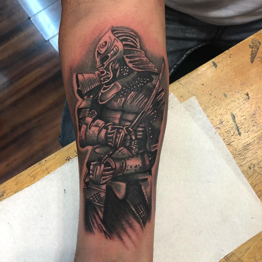 Samurai warrior realism tattoo on the forearm by Tattoos By Mauze