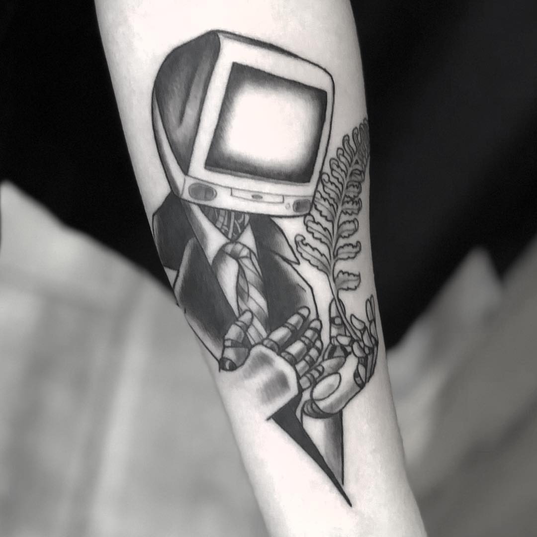 Computer monitor realism tattoo on the forearm by Sam Fortney, Columbus, Ohio