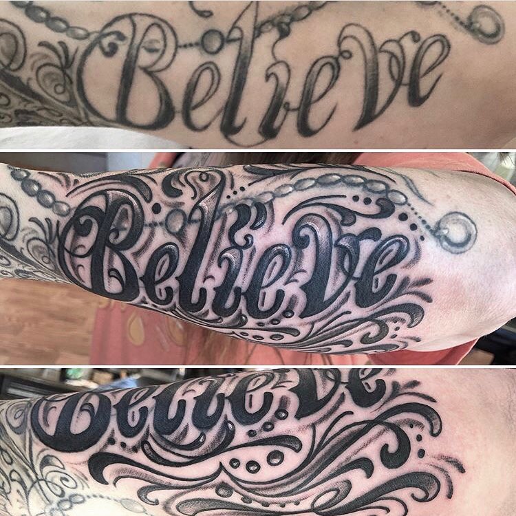 Believe lettering script tattoo on the forearm by Strange Brew Tattoo