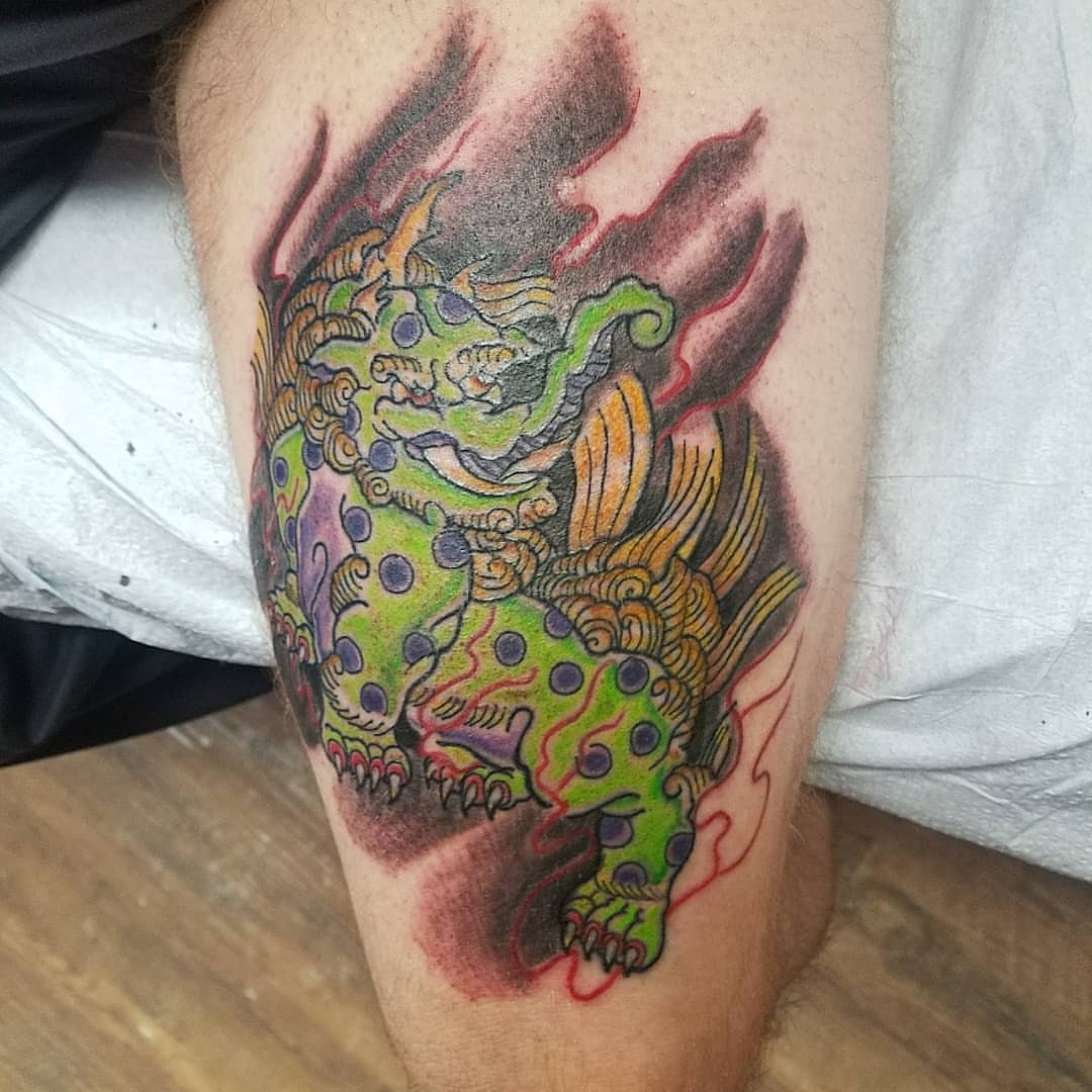 Mythical creature dotwork tattoo on the thigh by Rue McLean