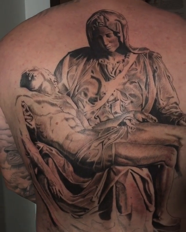Pietà sculpture realism tattoo by Carlos Macedo Tattoo