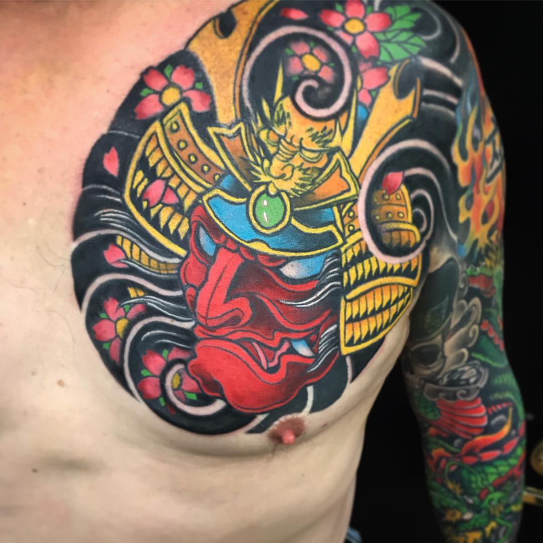 Samurai mask japanese irezumi tattoo on the chest by Steven Campbell, Kansas City, Missouri