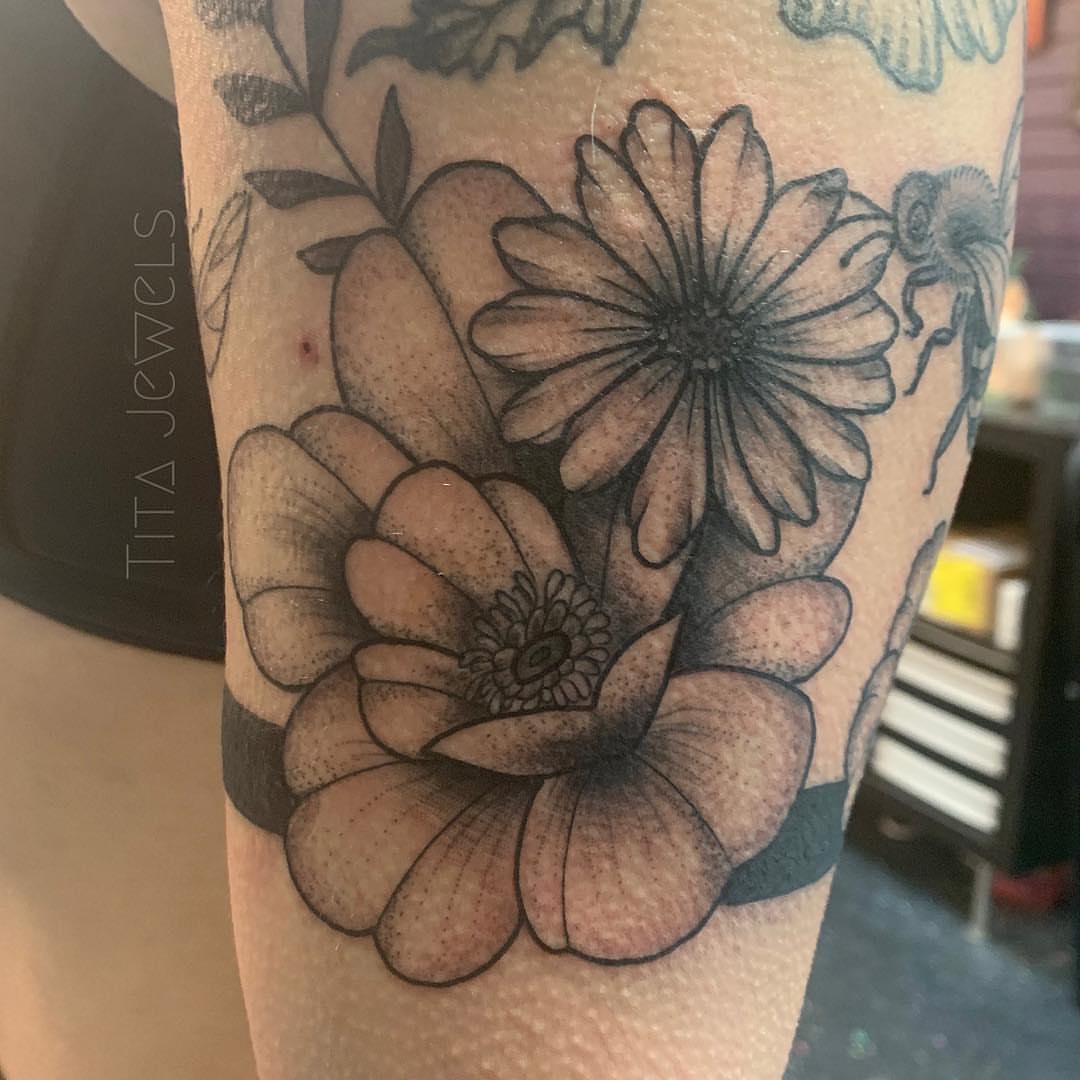 Flowers black and grey tattoo on the forearm by Tita Jewels- Tattoo Artist, Austin, Texas