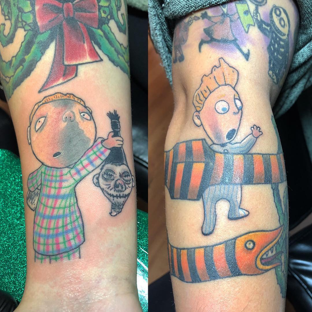 Clown and fish new school tattoo on the forearm by alexandra