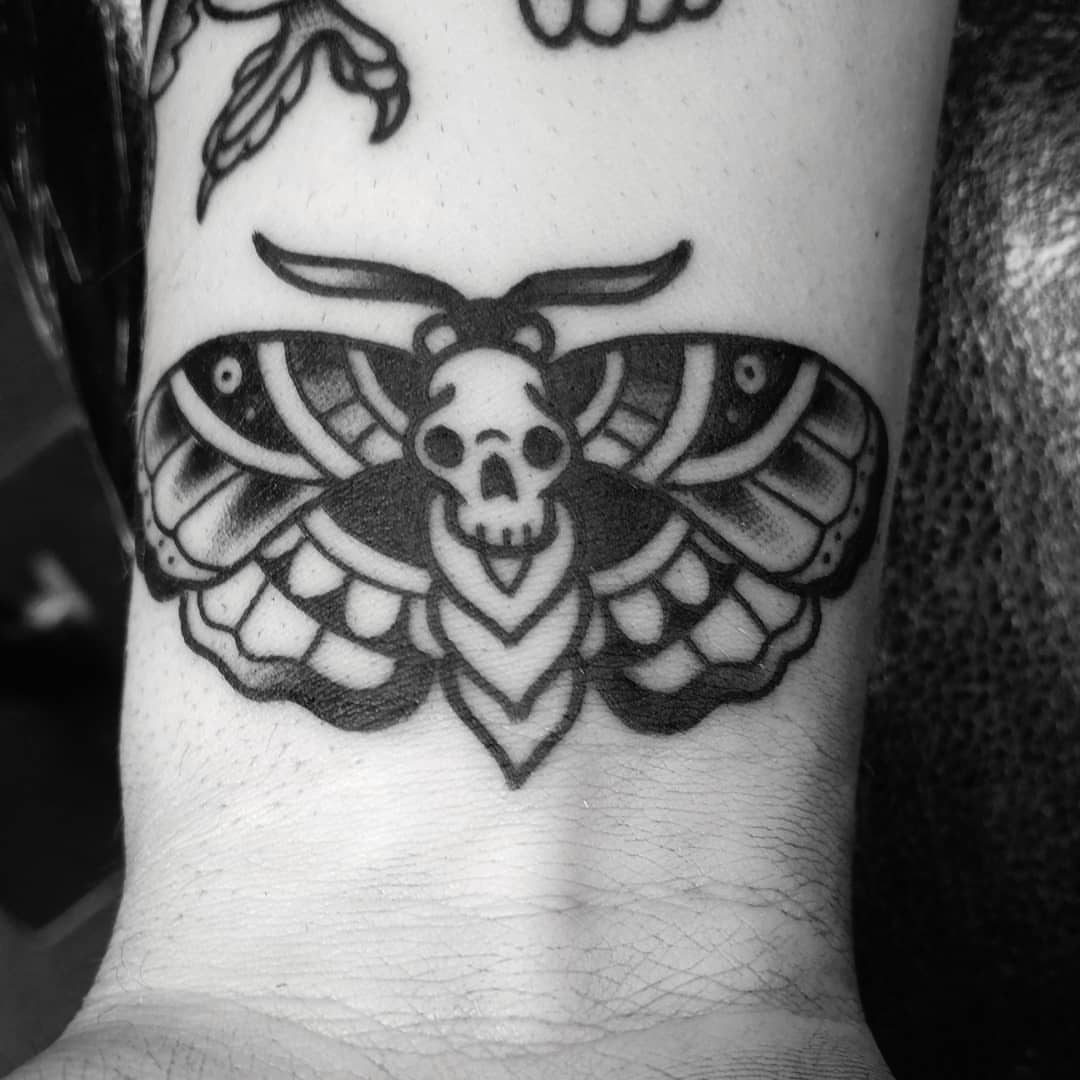 Death moth skull American traditional tattoo on the forearm by CASEY JENSEN ✨ Fort Collins CO