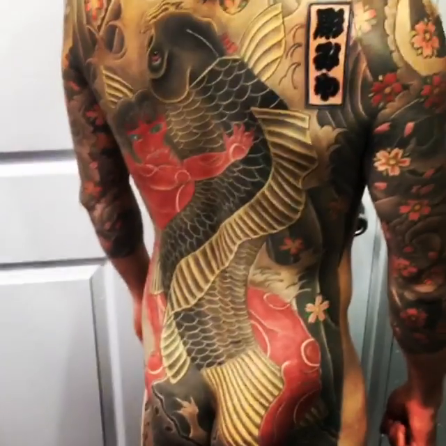 Koi fish and floral elements japanese irezumi tattoo by Ei Horimiya Omiya