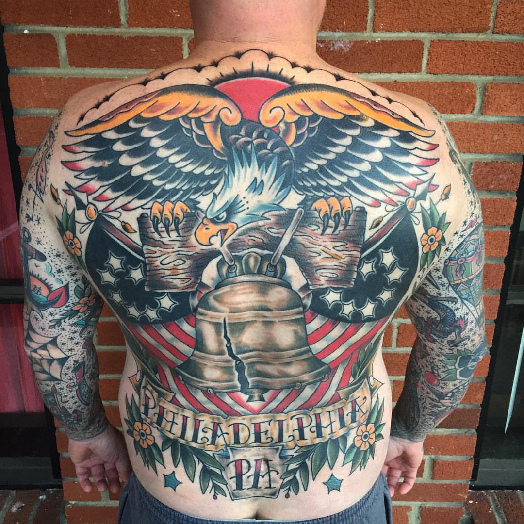 Bell and eagle American traditional tattoo on the back by ✞ Keath Supsic ✞