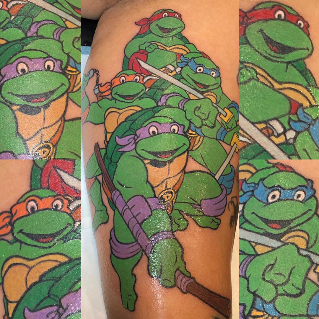 Teenage Mutant Ninja Turtles new school tattoo on the thigh by Walter Frank
