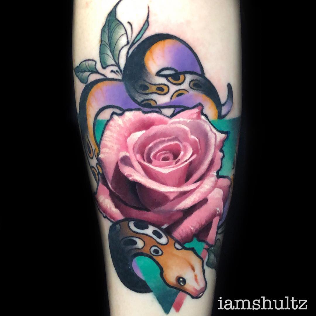 Rose and snake American traditional tattoo on the forearm by Mike Shultz