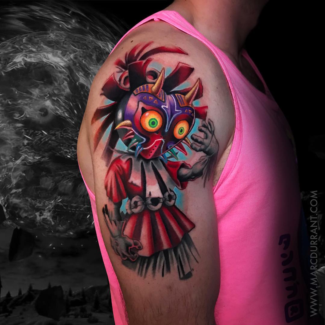 Majora's Mask American traditional tattoo on the shoulder by ᴍᴀʀᴄ ᴅᴜʀʀᴀɴᴛ, Los Angeles, California