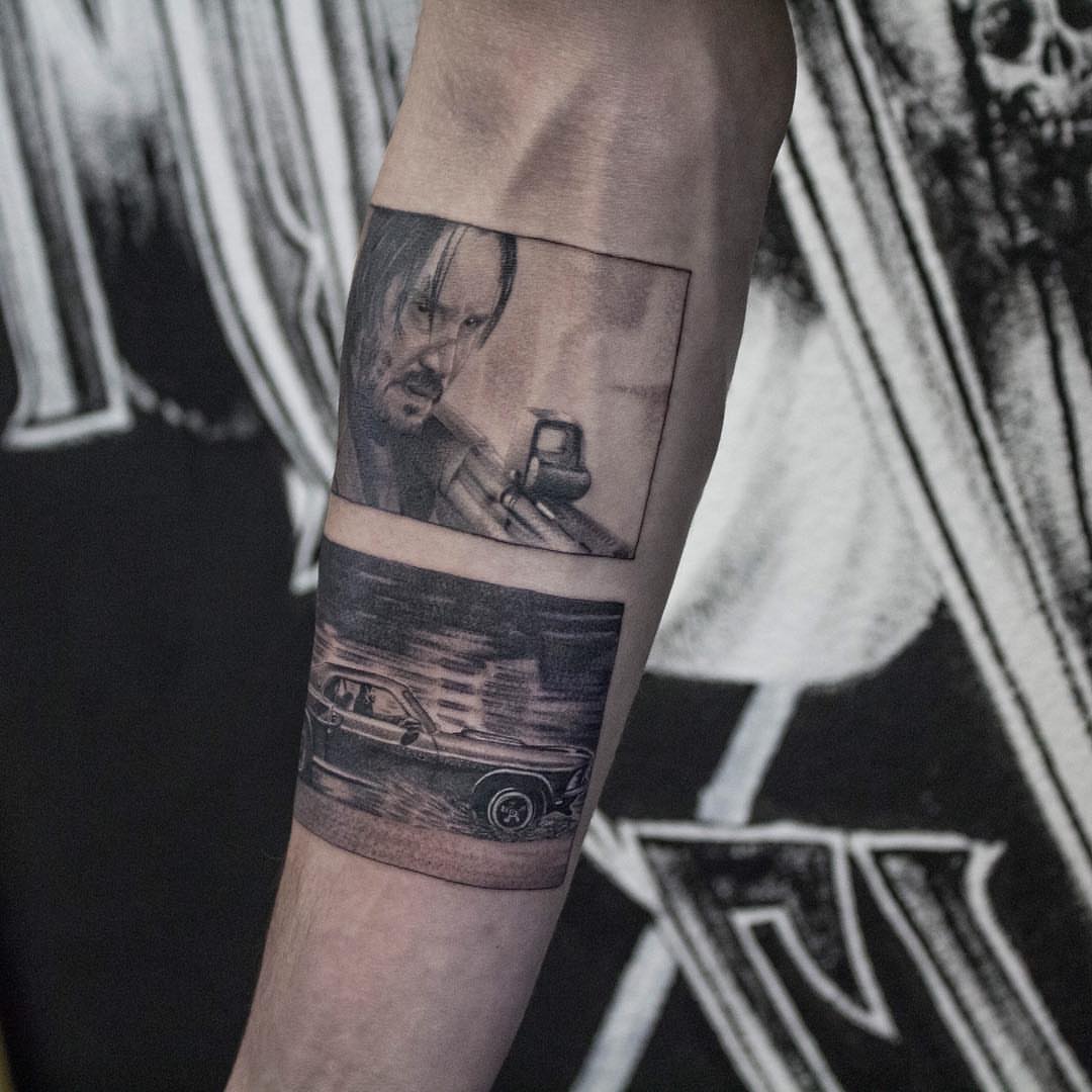 Car chase scene realism tattoo on the forearm by Nikita Grinenko, San Francisco