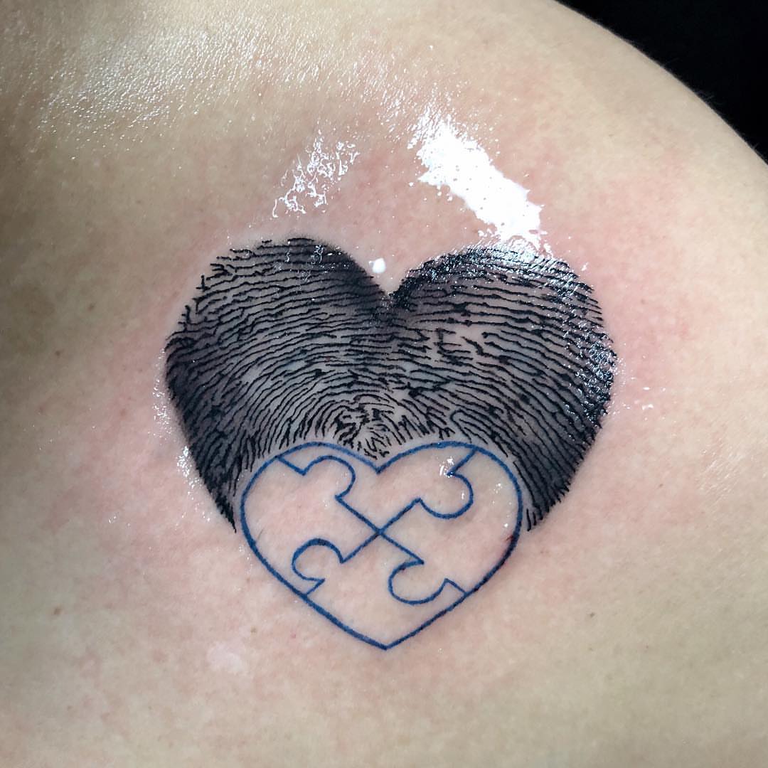 Fingerprint heart black and grey tattoo on the chest by DJ ๐จ๐พโ๐จ