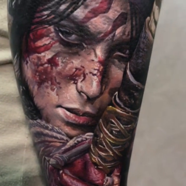 Woman with sword realism tattoo by Dmitriy Paramonov πΊπ¦