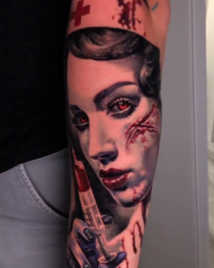 Zombie nurse with syringe realism tattoo by Jamie Lee Parker
