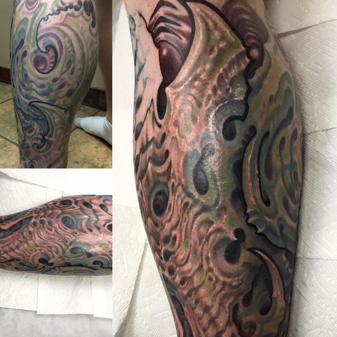 Abstract pattern dotwork tattoo on the leg by Phil Robertson