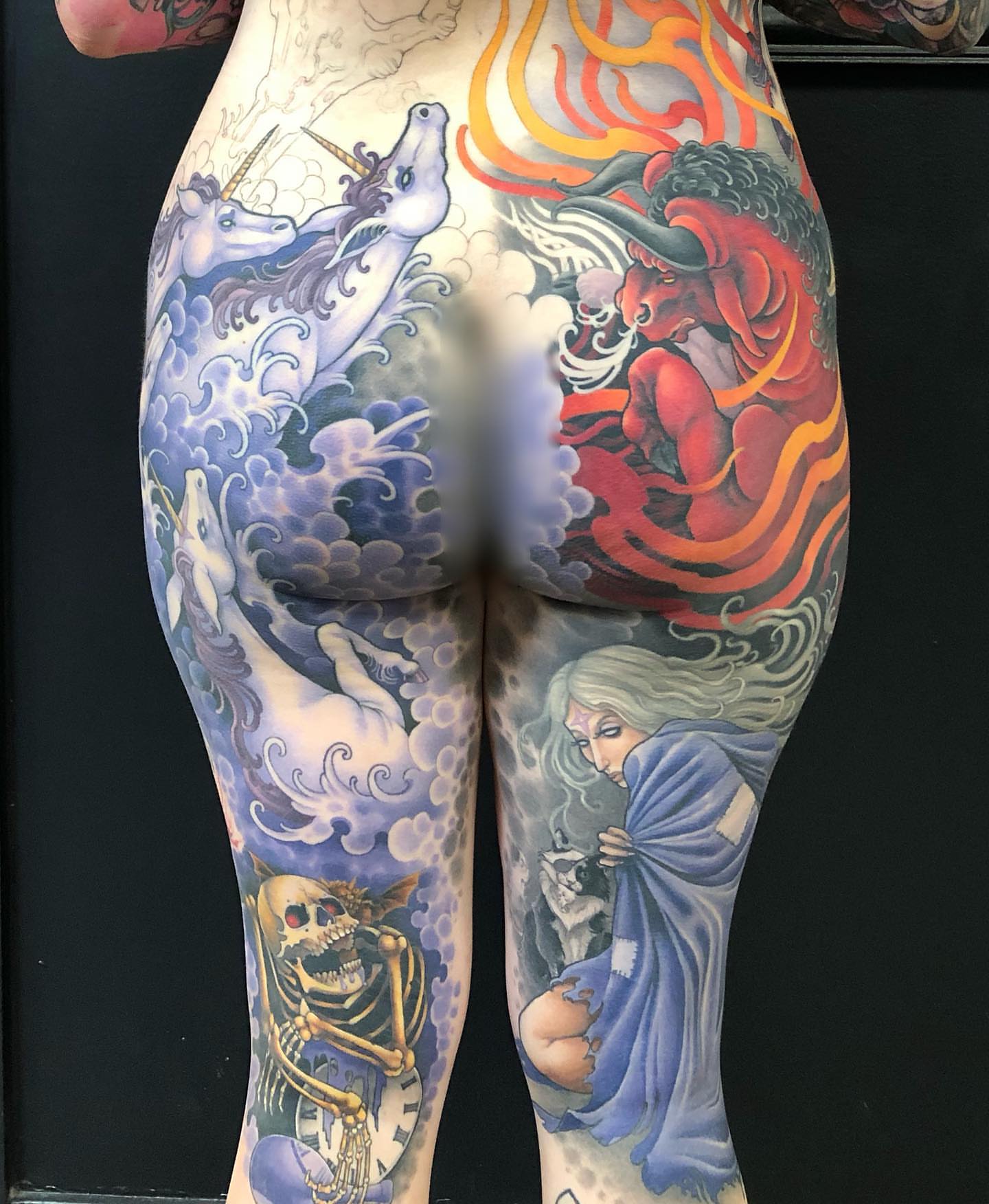 Unicorns, fire, skeleton, woman japanese irezumi tattoo on the thigh by Erin Chance