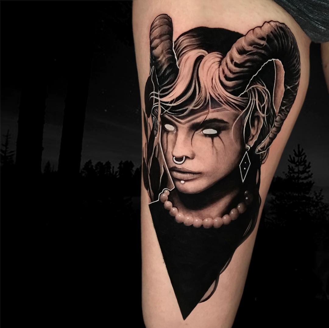 Woman with horns realism tattoo on the forearm by Aren