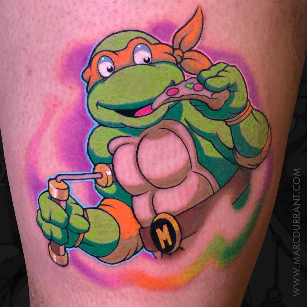 Teenage mutant ninja turtle new school tattoo on the thigh by ᴍᴀʀᴄ ᴅᴜʀʀᴀɴᴛ, Los Angeles, California