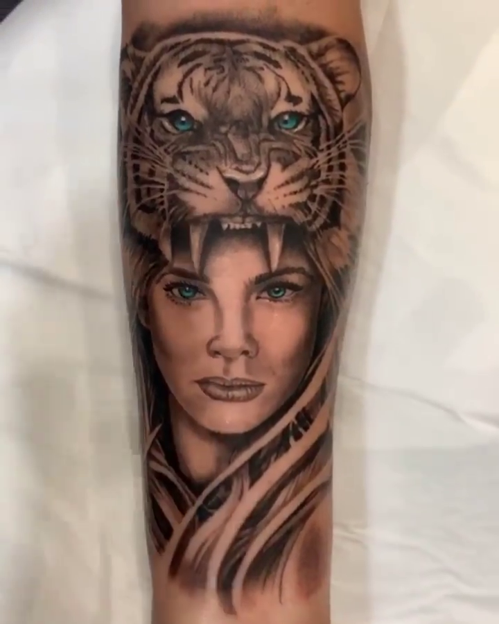 Woman with tiger headdress realism tattoo by BJ