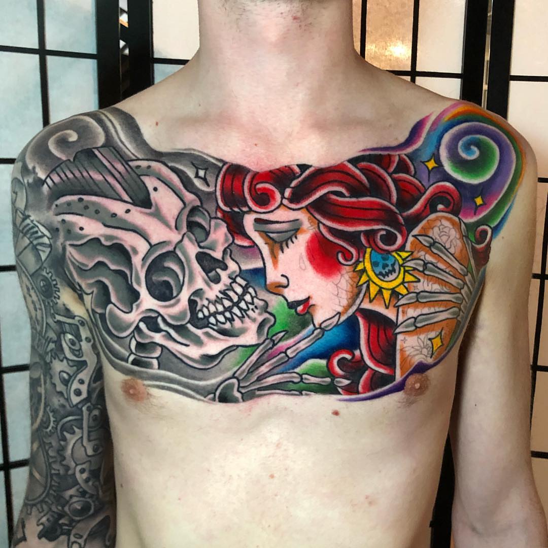 Skeleton and woman American traditional tattoo on the chest by David Mendieta