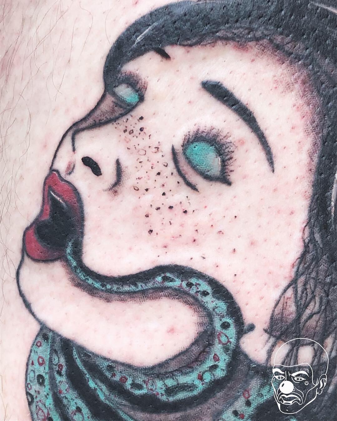 Woman with snake American traditional tattoo on the forearm by πππ πππππππ